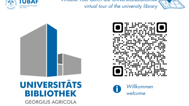 Grafik mit QR-Code und UB-Logo, blau und schwarz auf weißem Hintergrund